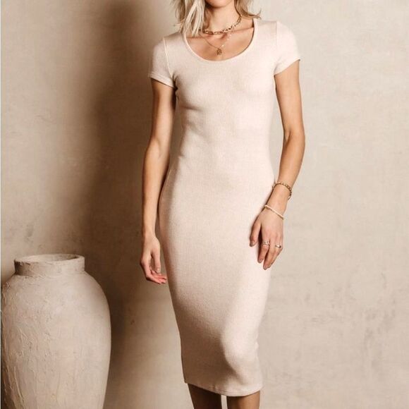 NWT Bohme Saya Midi Sweater Knit Scoop Neck Dress in Nude Cream Size Large NEW - Picture 1 of 16
